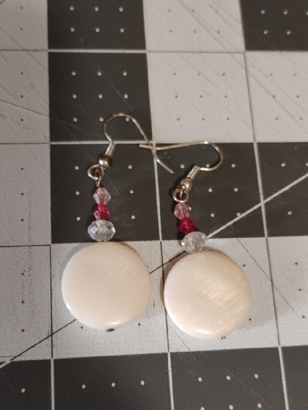 Handmade White Mother-of-Pearl Drop Earrings with Pink Accent Beads
